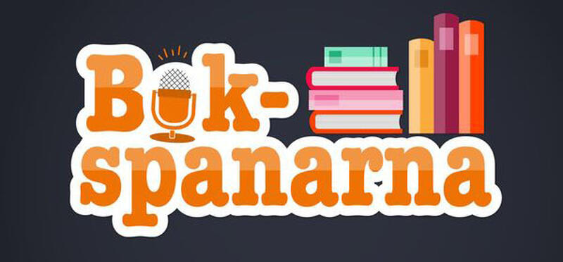 Bild med texten "Bokspanarna" i orange mot svart bakgrund. Illustration av böcker.